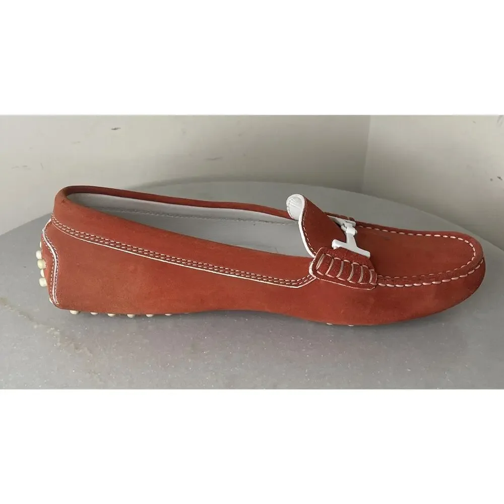 Tod’s Gommino Rust Suede Leather Driving Loafers White Horsebit Buckle 39 / 8.5